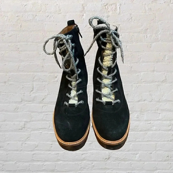 Marc Fisher Izzie Lugsole Ankle Boots Black Suede Shearling Leather Size 7 - Picture 2 of 10